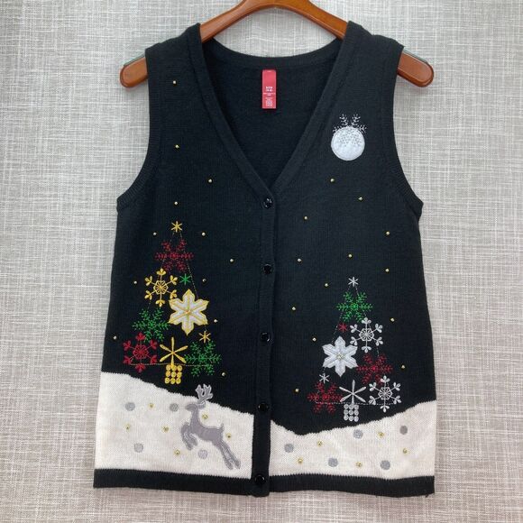 Fashion Ave Knits Embroidered Christmas Cardigan Sweater Vest Small (4/6) Black - Picture 1 of 6